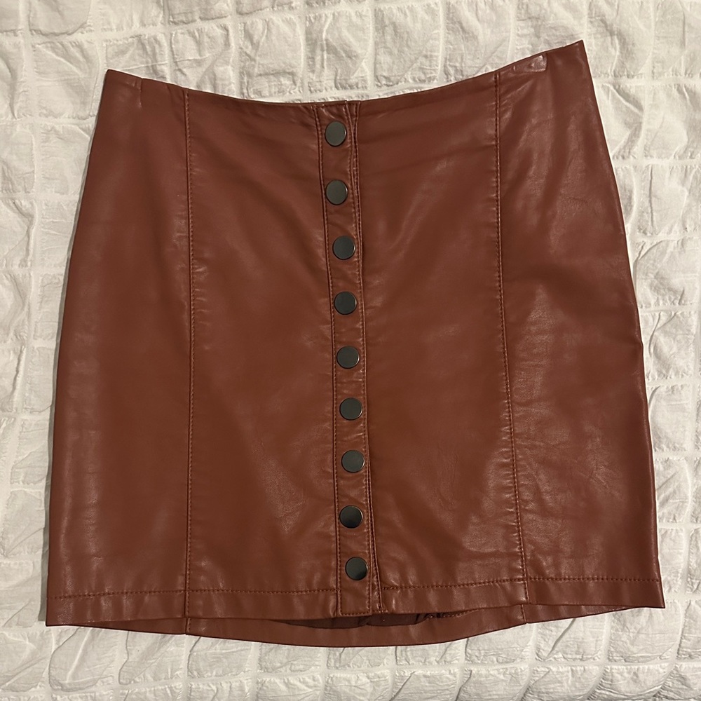 Free People Button-Up Brown Leather Skirt